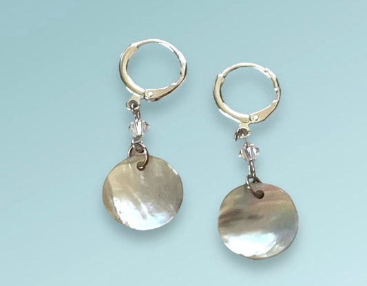 Natural mother-of-pearl shell bead dangle earrings with tiny crystals