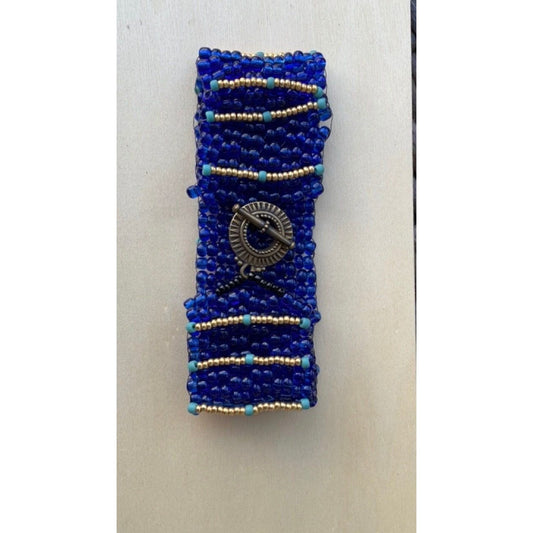 Stunning vintage royal blue, turquoise and gold handmade bead woven vintage beadwork bracelet