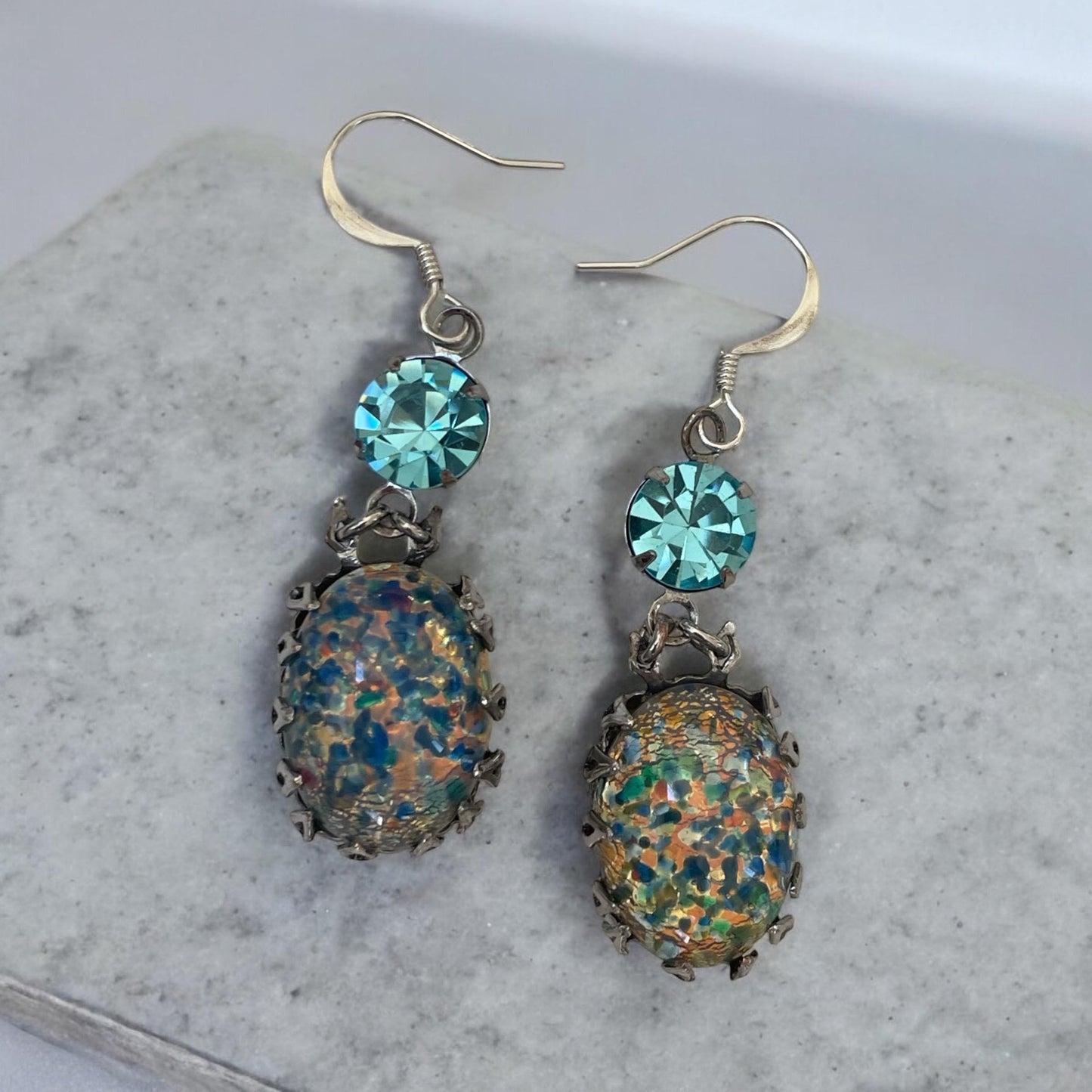 Blue opal? dangle earrings with turquoise rhinestones - please read description