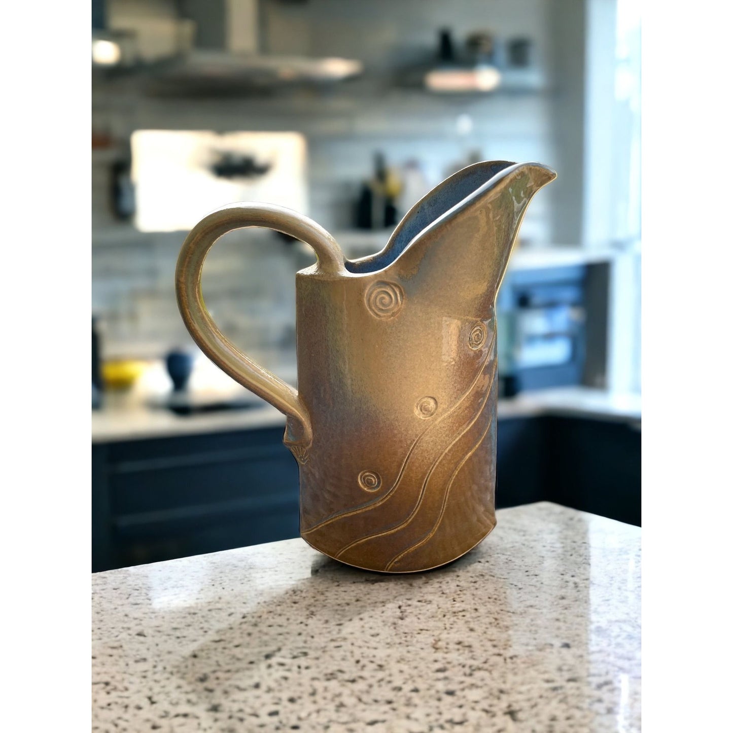 Stunning pottery pitcher - narrow, oval shaped, handmade, vintage - silvery blue gray glazed exterior, blue glazed interior