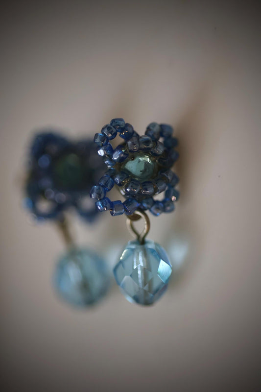 Blue Beaded Earrings with Light Blue Crystal Dangles, Vintage Dangle Earrings, Boho Drop Earrings Gift for Her