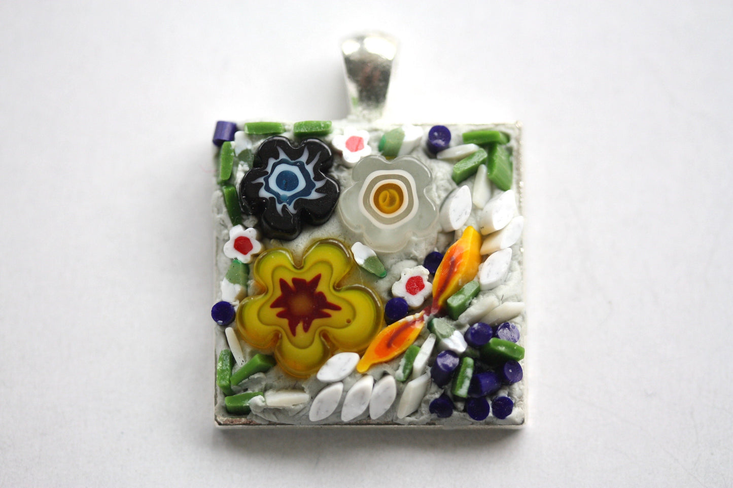 My handmade mosaic necklace - "Flower garden" - hand cut ceramic and glass with millefiori flowers