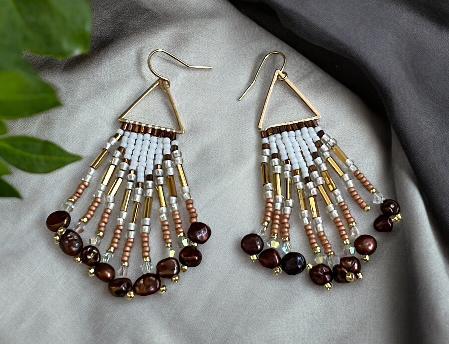 Hand beaded stunning dangle  earrings - earth toned seed beads with copper pearls