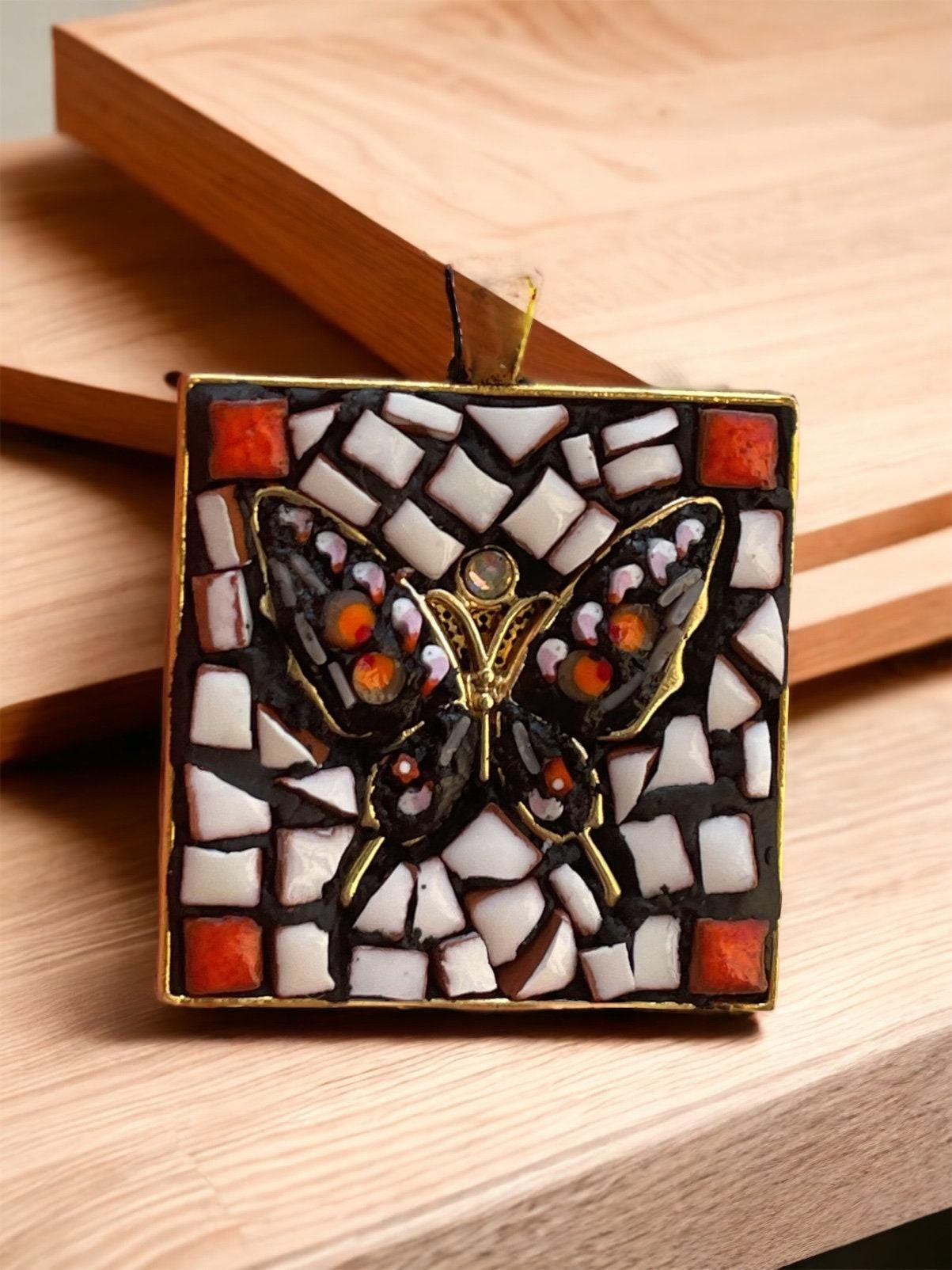 Mixed Material Butterfly Necklace: Hand Cut Tile and Italian Glass