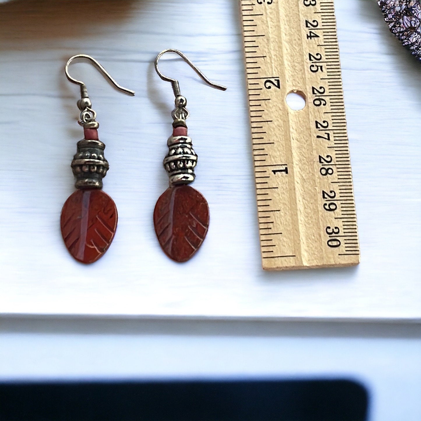 Carved Red Jasper Feather Dangle Earrings