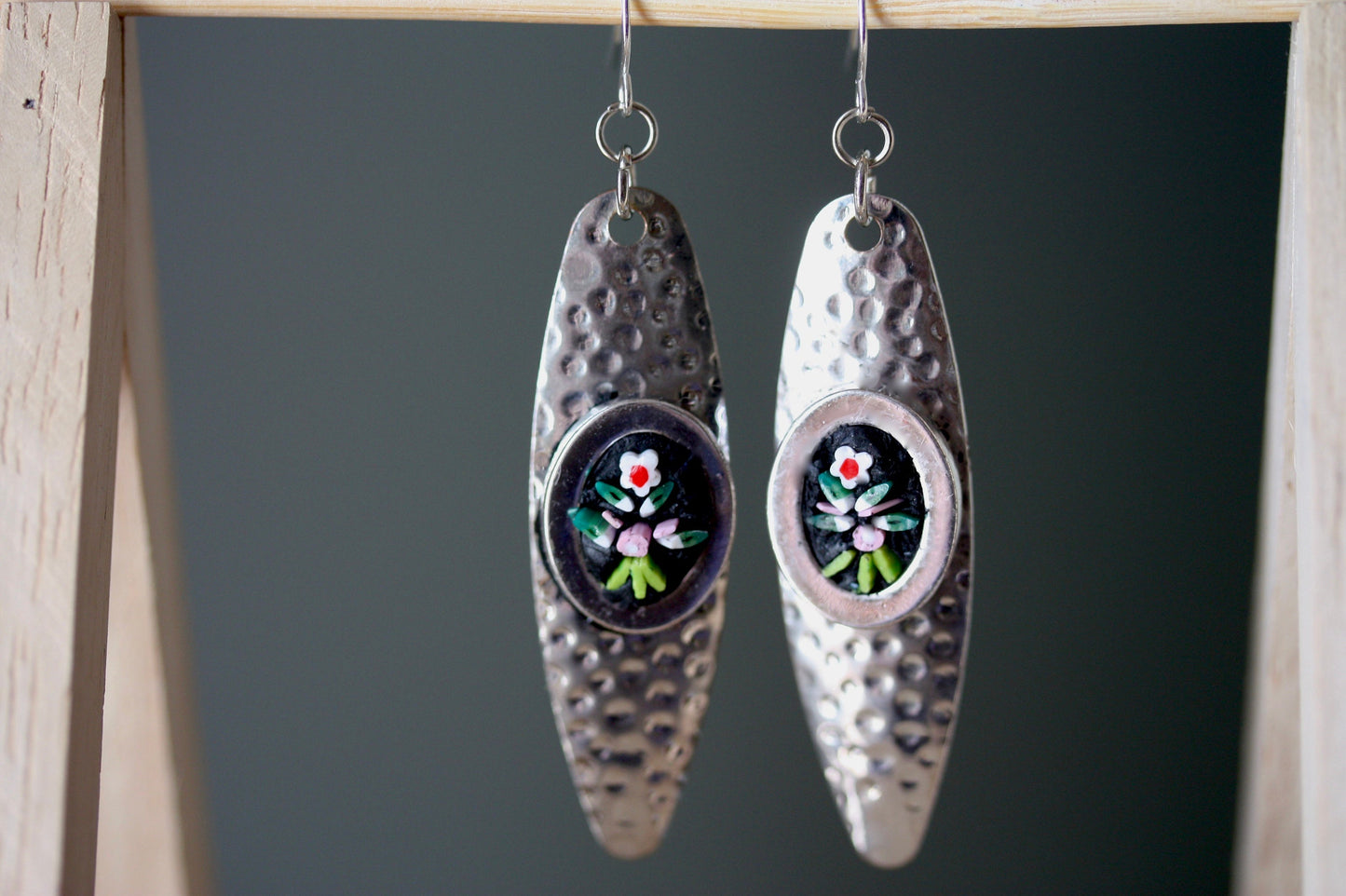 My handmade inlaid micro-mosaic on upcycled vintage hammered metal earrings - with sterling silver ear wires