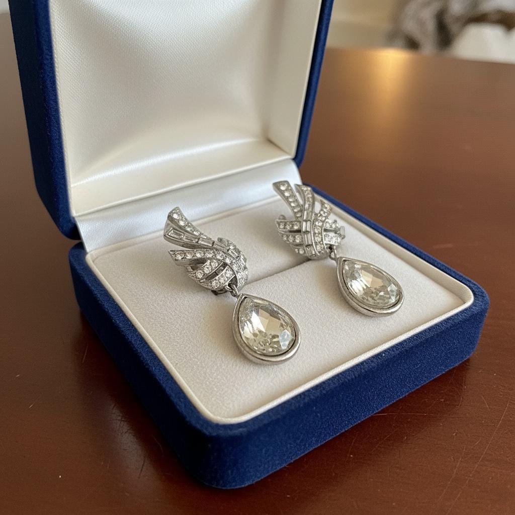 Vintage Rhinestone Teardrop Clip On Earrings | Silver Tone Art Deco Statement Dangle Jewelry