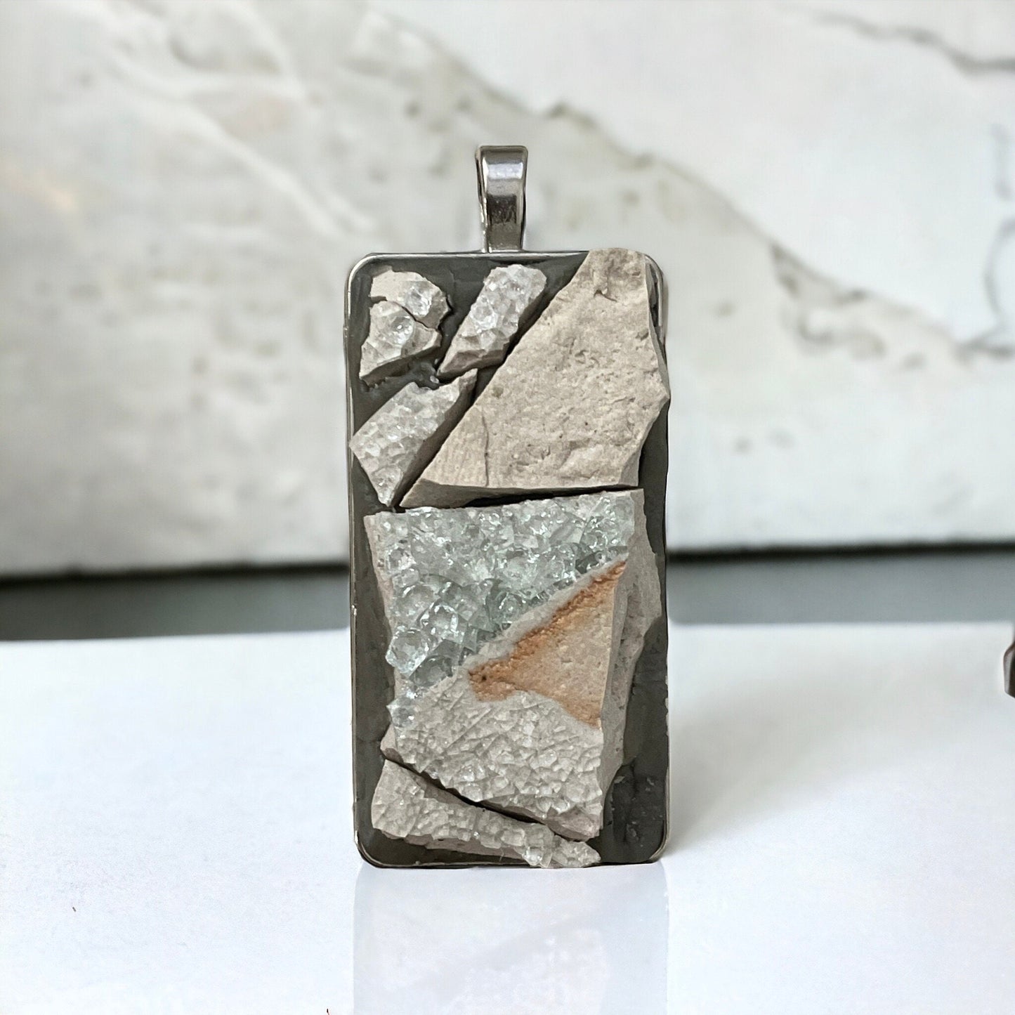 Handmade stone, cement and glass mosaic necklace - comes with a matching necklace chain