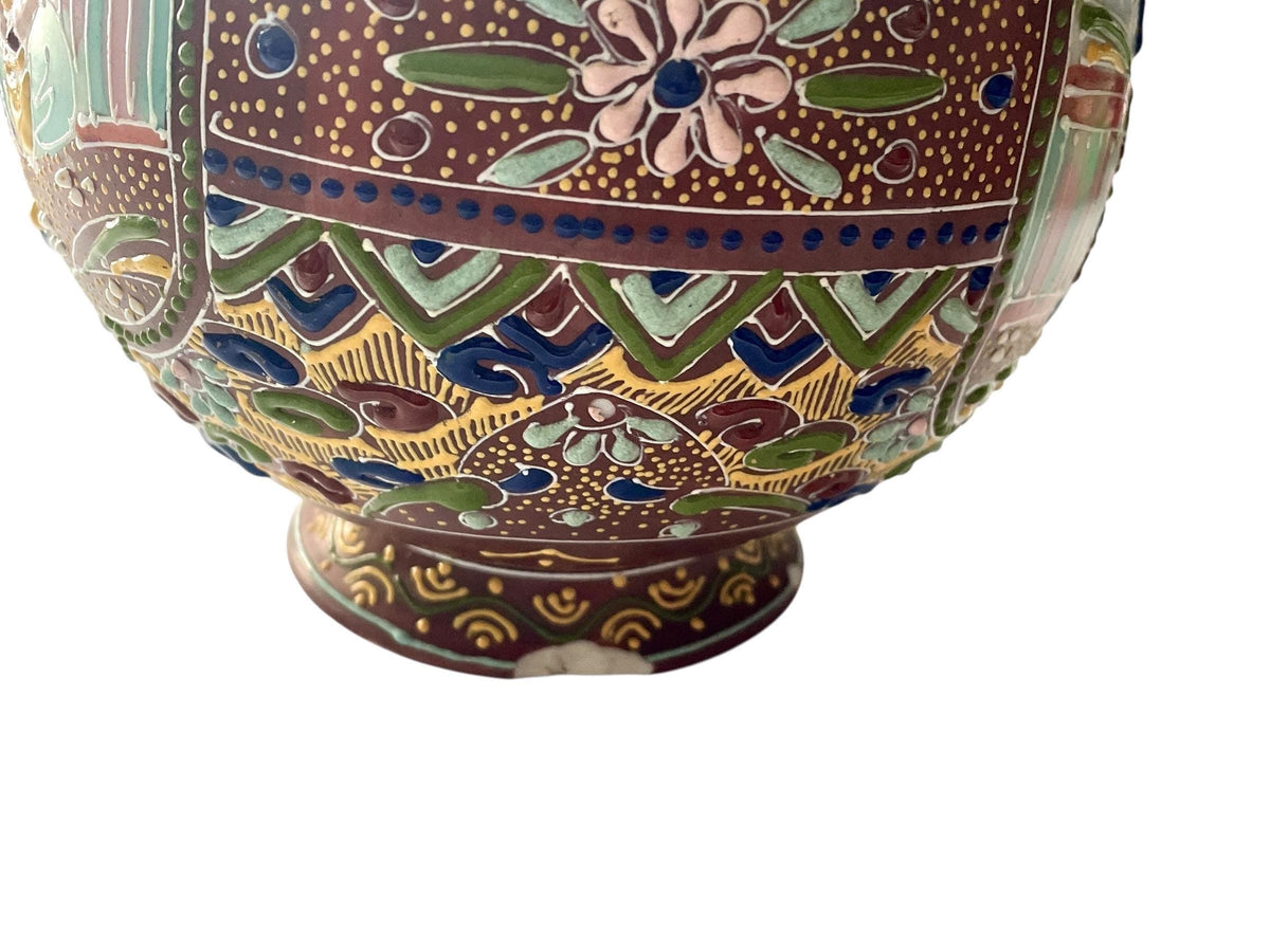 Antique Japanese Satsuma Moriage Pitcher | Hand Painted Figural Ewer Vase | Raised Enamel Gold Gilt | Meiji Style Art Pottery