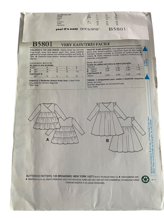 Butterick Pattern B5801 Little Girls EZ See and Sew Raised Waist Dress & Top - Sizes 3,4,5,6 - please read description