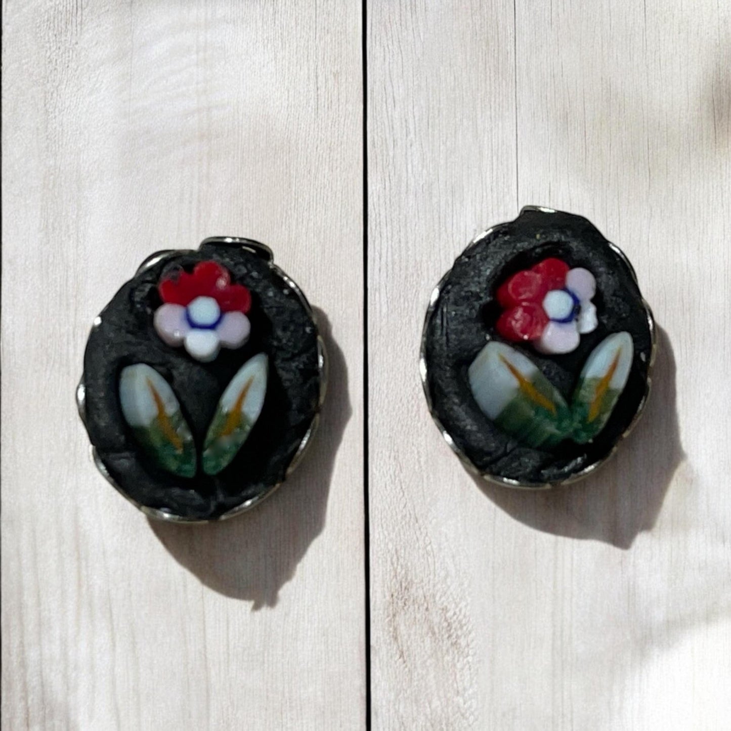 Italian Micro Mosaic Stud Earrings, Glass Flower Design (Sterling Silver)