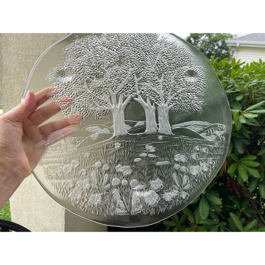 Etched glass trees and flower garden landscape vintage cake plate