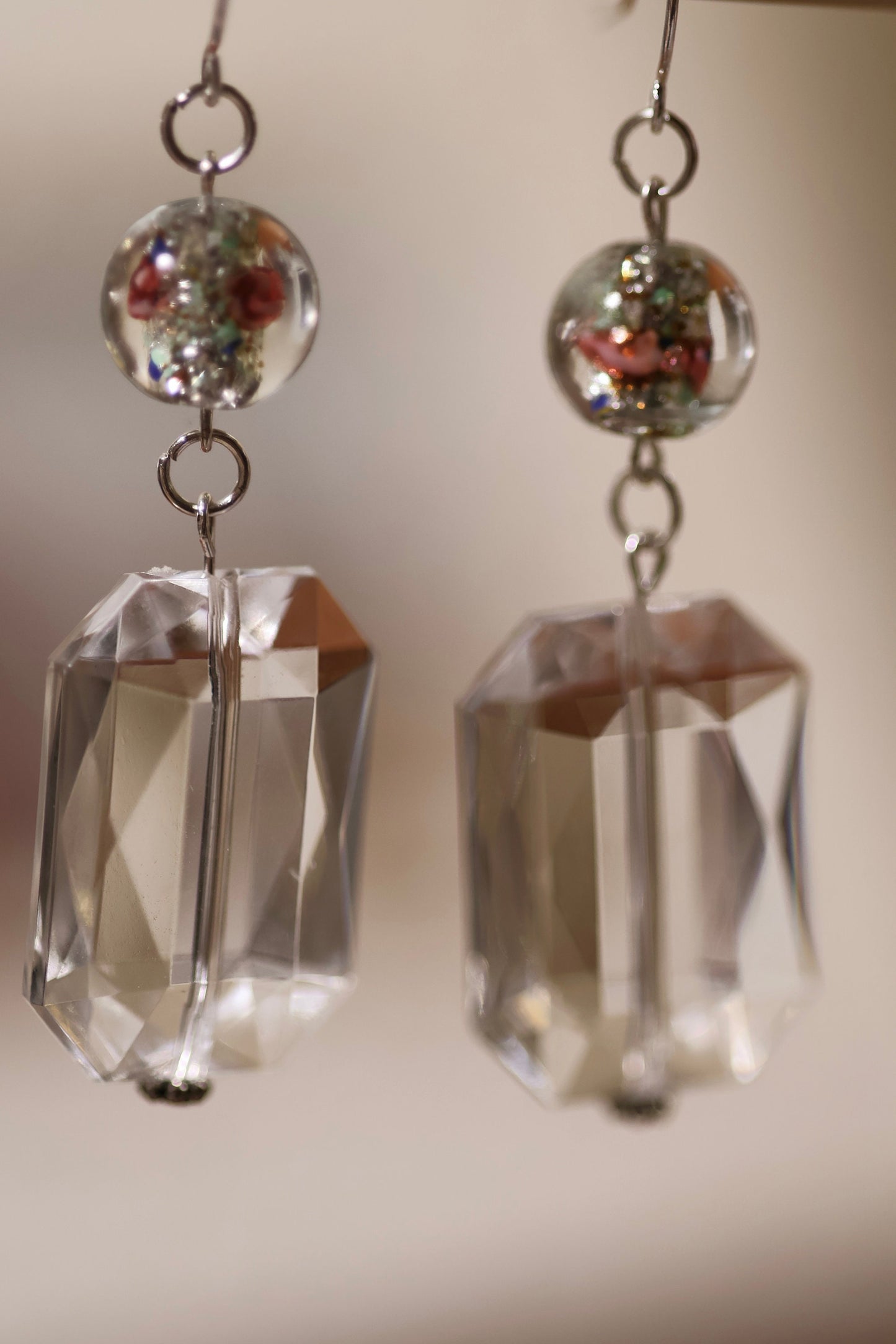 Clear bevel cut acrylic 2" rectangular shaped dangle earrings with Czech foiled lampwork glass floating rose beads