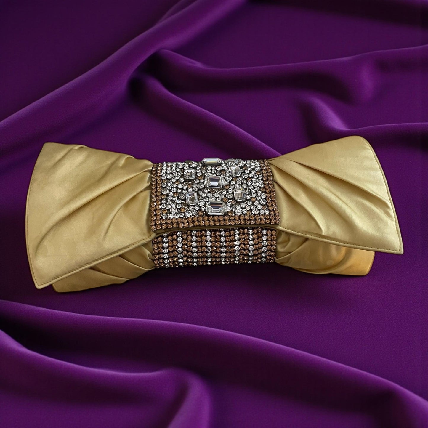 Gold Satin Clutch – Designer Evening Bag with Hand-Set Crystals & Bow Silhouette