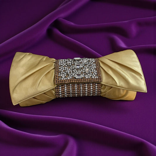 Gold Satin Clutch – Designer Evening Bag with Hand-Set Crystals & Bow Silhouette