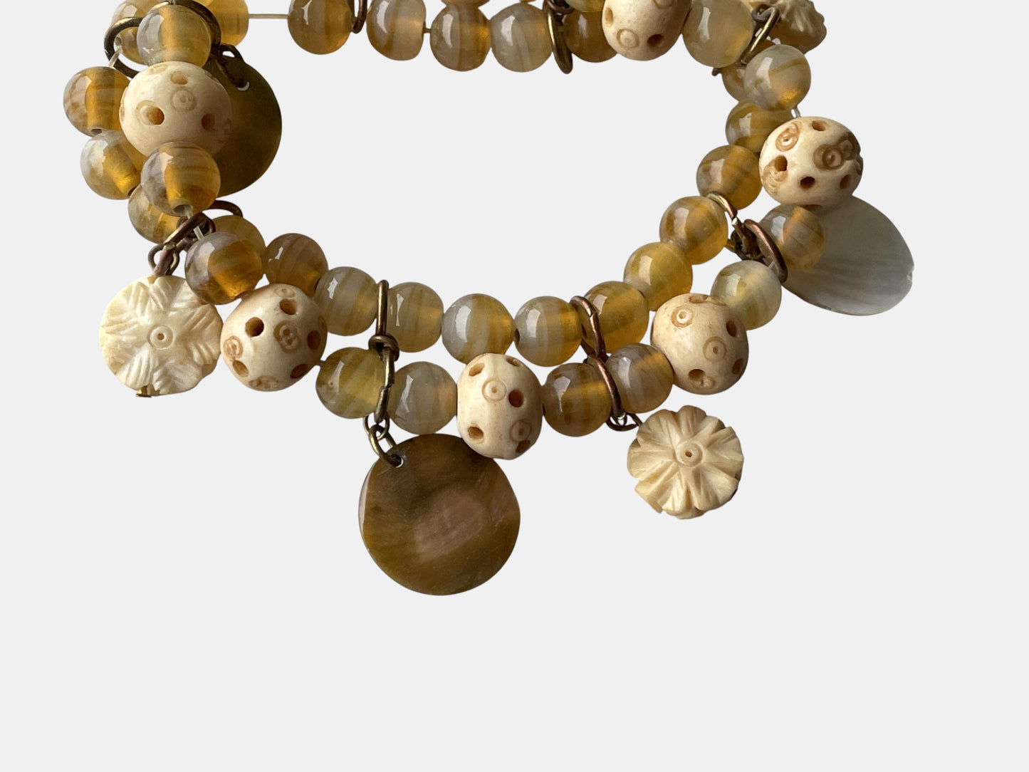 Vintage Beaded Charm Bracelet • Honey Amber Glass Beads • Carved Bone Beads • Mother of Pearl Charms • Boho Artisan Bracelet