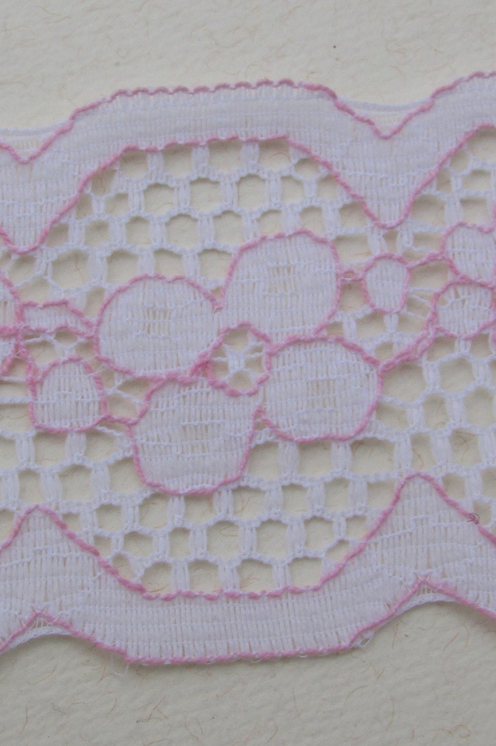 Wide (2 and one-quarter inches wide) vintage floral pink and white lace - by the yard