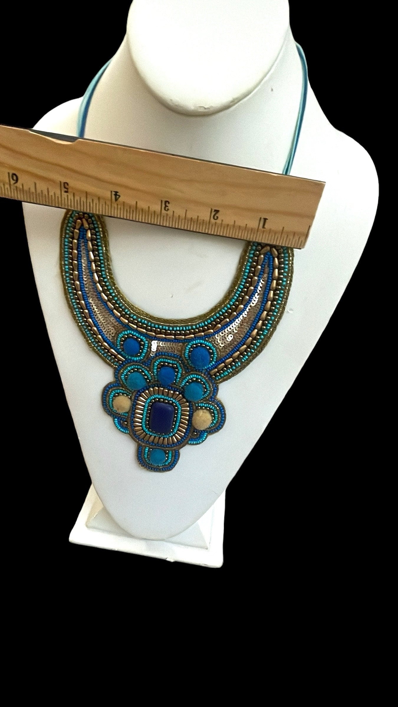 Stunning beadwork necklace - mixed materials with sequins, pom poms and beads - turquoise