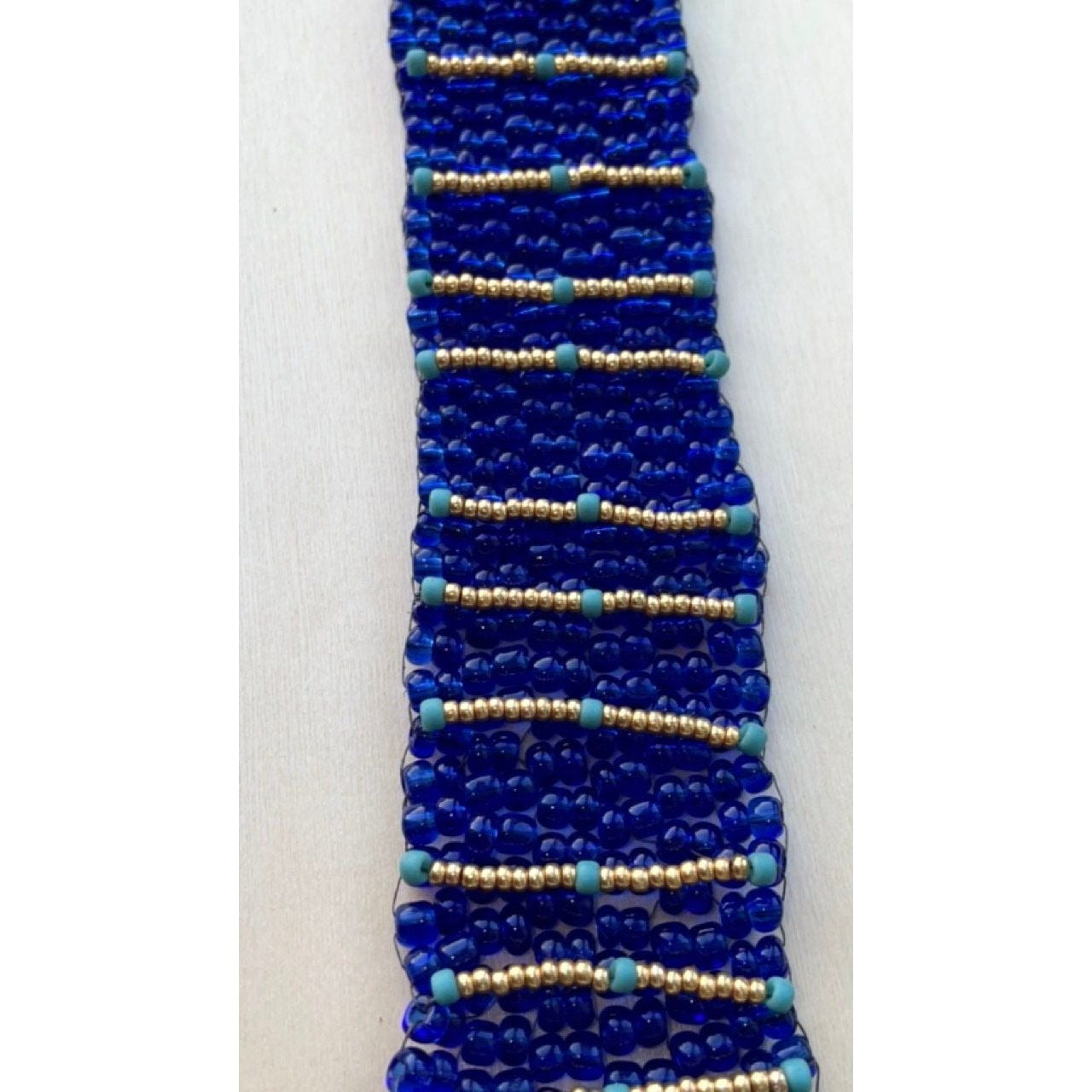 Stunning vintage royal blue, turquoise and gold handmade bead woven vintage beadwork bracelet