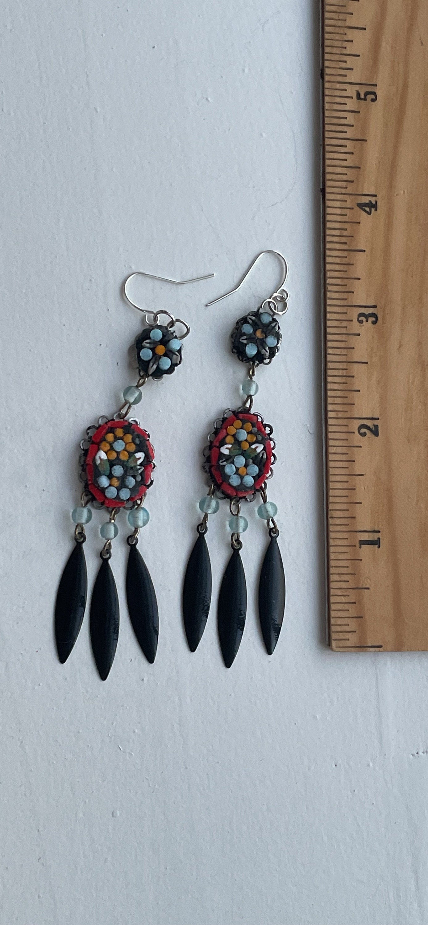 My own handmade Italian style hand cut micro mosaic millefiori glass dangle earrings