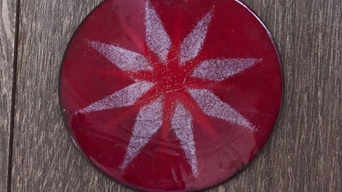 Unique mid century modern vintage enamel on copper necklace - red