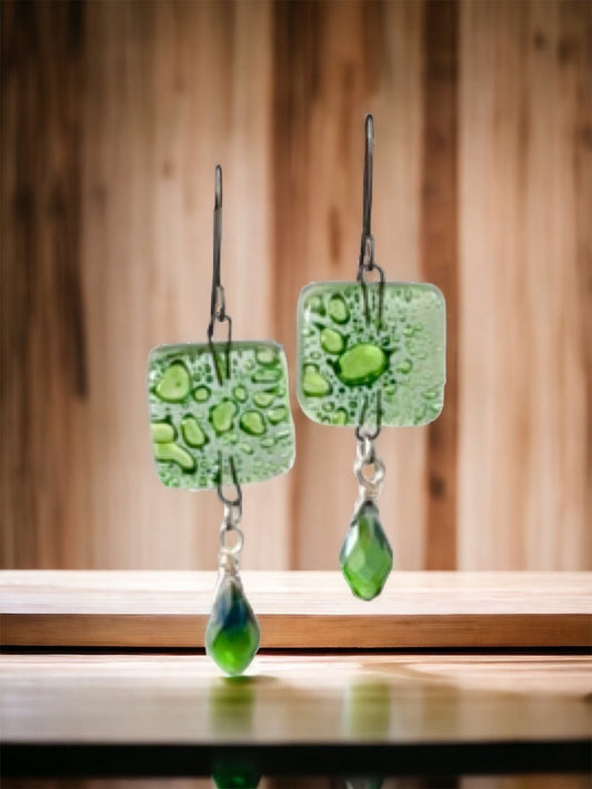 Green blown vintage glass with new faceted green crystal dangle earrings
