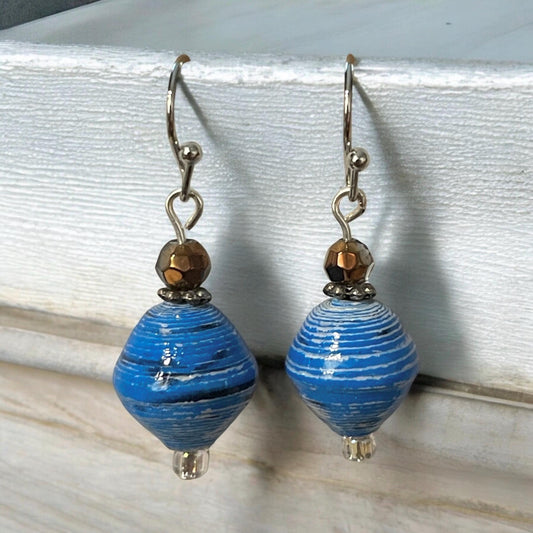 Little dangle earrings made with blue rolled paper, crystal and white sparkly glass beads