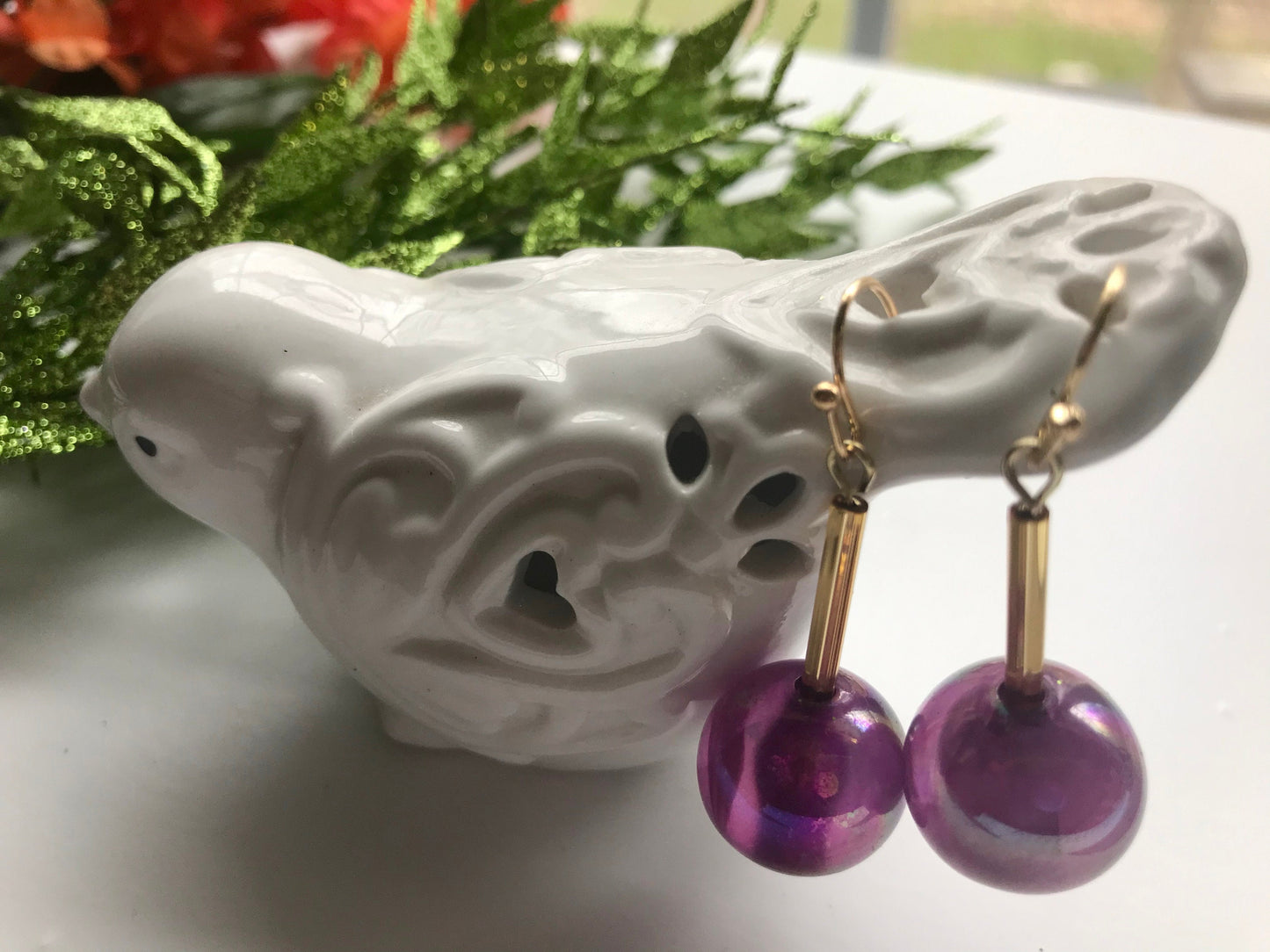 Handmade earrings with upcycled vintage purple glass ball dangles and goldtone glass bugle beads