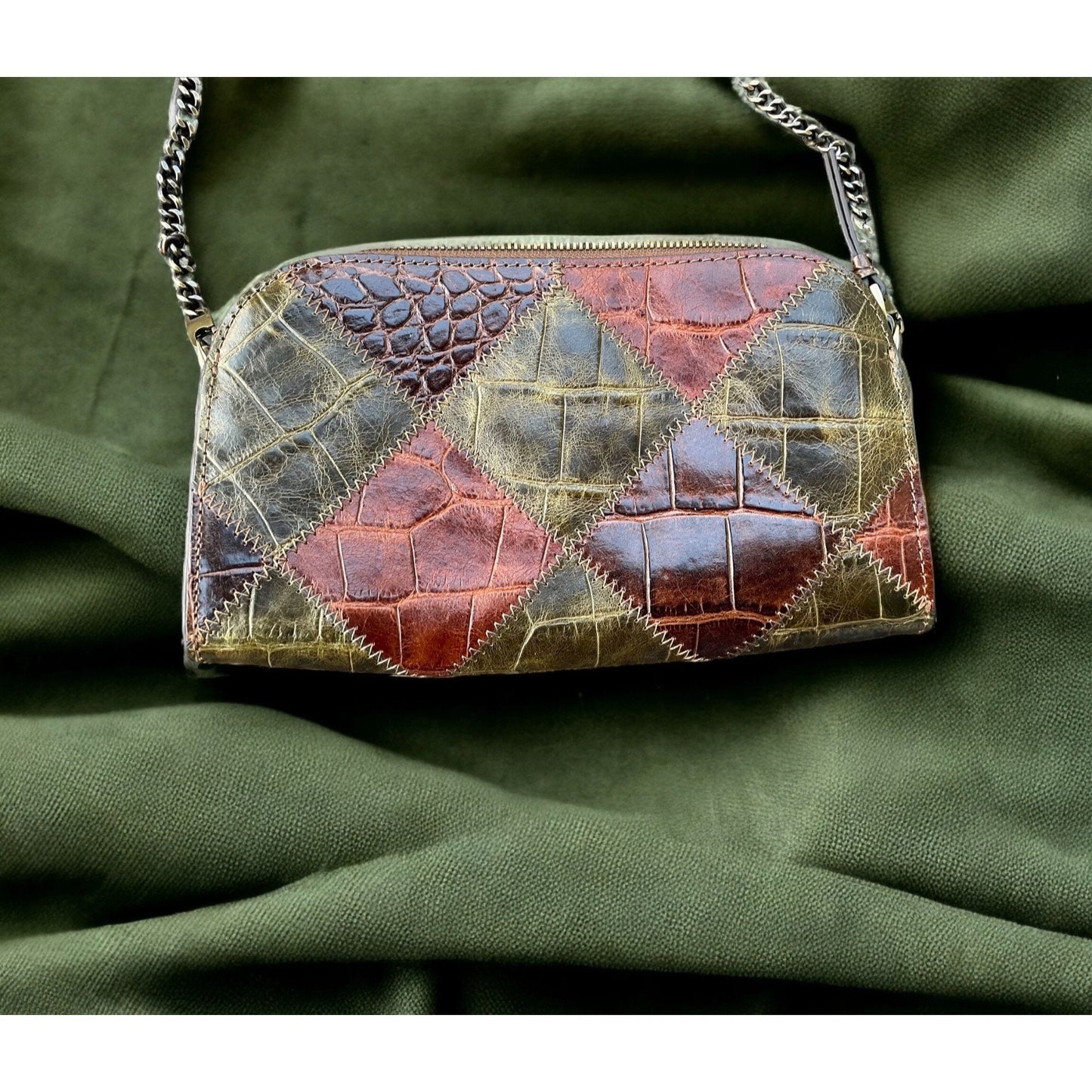 Embossed Croc Clutch – Stylish Patchwork Leather Bag with Zig Zag Stitch Detail