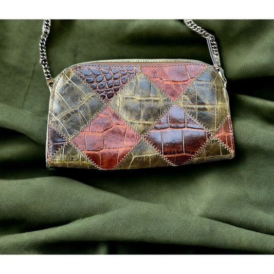 Embossed Croc Clutch – Stylish Patchwork Leather Bag with Zig Zag Stitch Detail