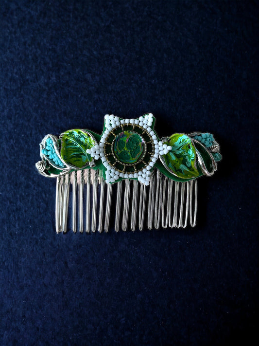 One-of-a-kind, hand made, nature inspired, mixed media metal hair comb