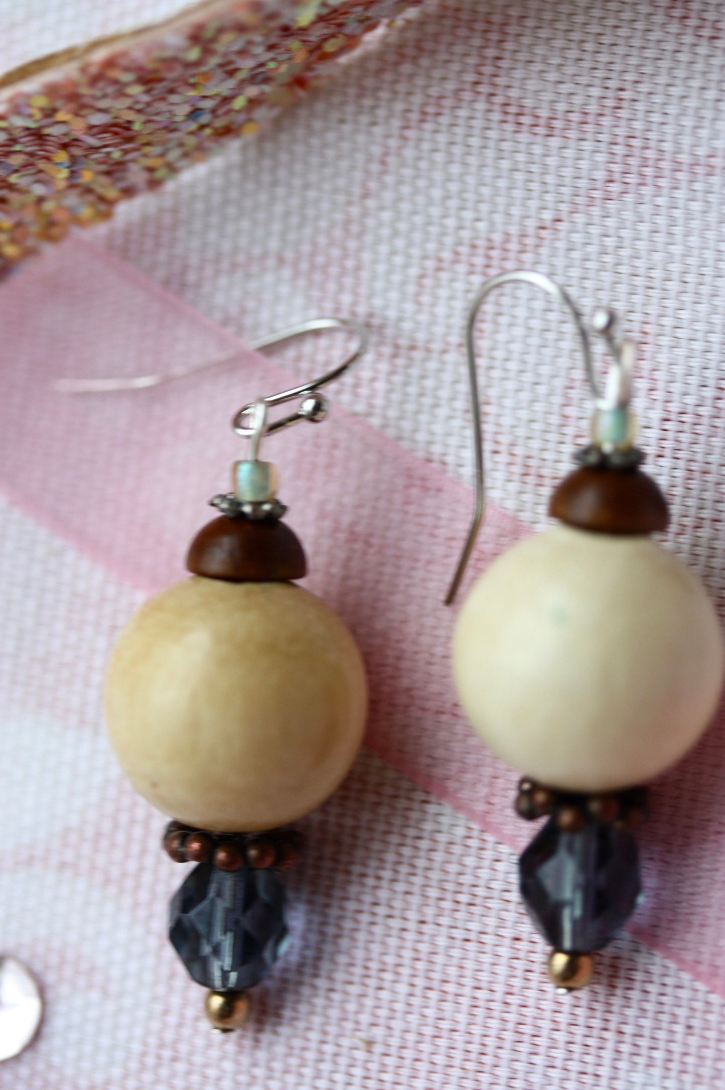 Blue glass crystal and wood beads handmade dangle earrings with vintage, upcycled and new elements