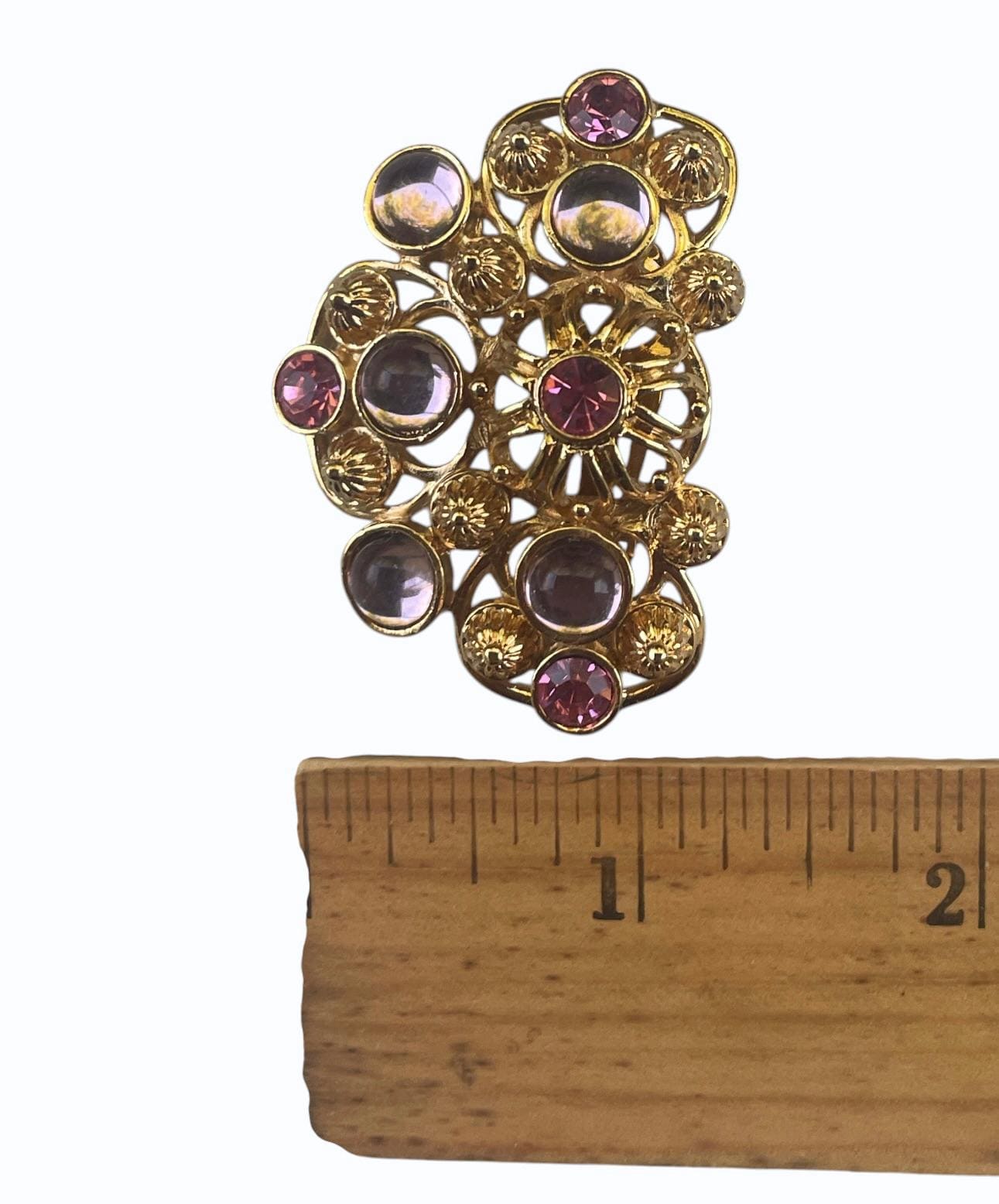 1992 Signed Barrera for Avon Marbella Necklace & Clip-On Earrings Set | Gold Tone Pink and Lavender Cabochon Designer Jewelry