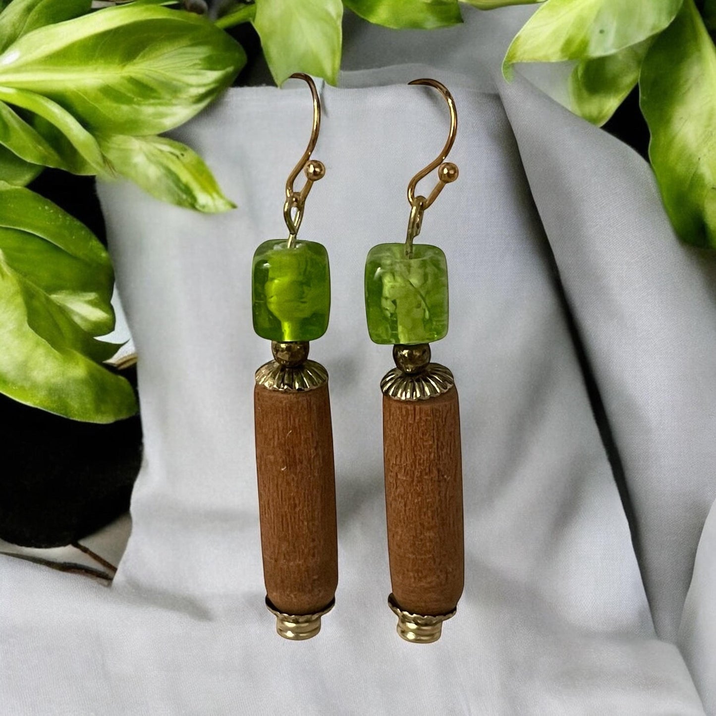 Handmade dangle earrings - lime green upcycled glass cubes with vintage wood tubes and metal elements, goldtone french ear wires