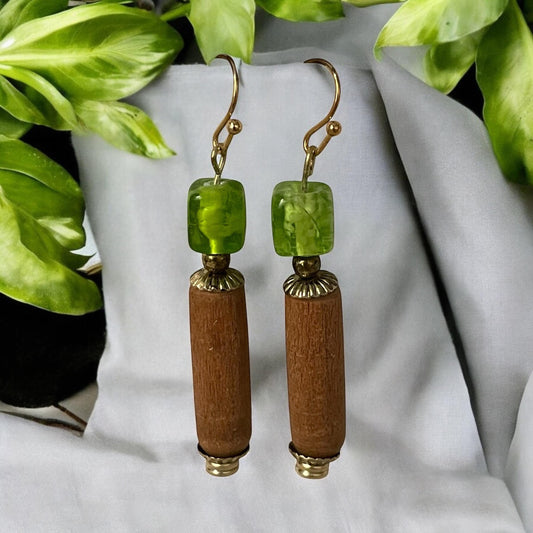 Handmade dangle earrings - lime green upcycled glass cubes with vintage wood tubes and metal elements, goldtone french ear wires