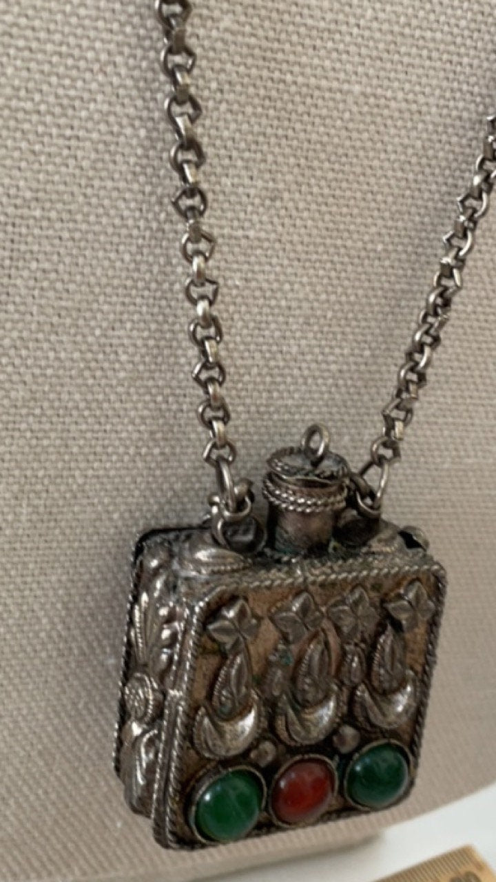 Stunning inlaid gemstone jeweled Tibetan Perfume Bottle Pendant Necklace, prayer box, snuff bottle