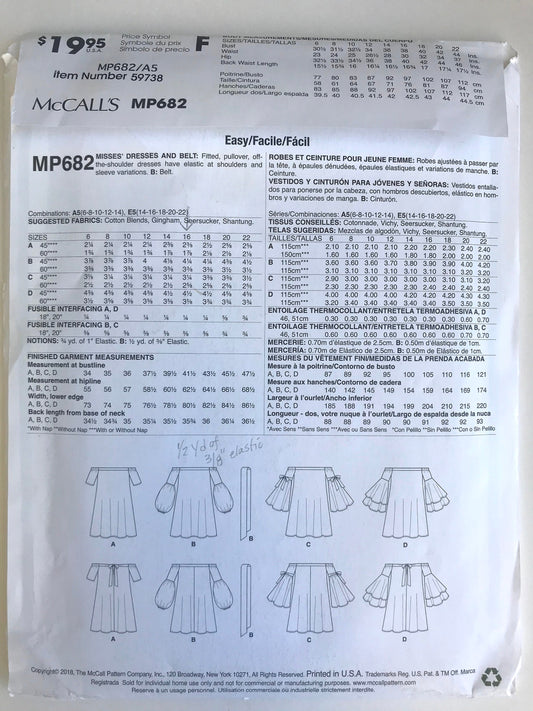UNCUT Sewing Pattern - McCall's Sewing Pattern MP682 - Summery Dresses and Belt, A5 (Sizes 6-8-10-12-14)