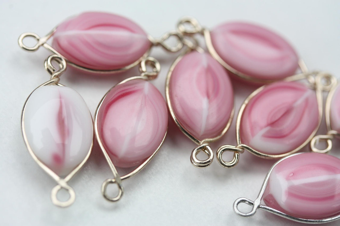 Unique pink and white swirled art glass beads - with wires