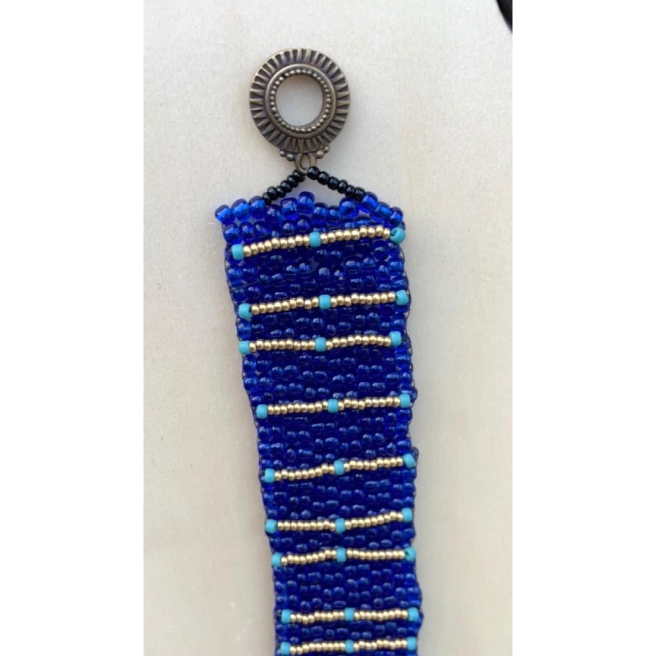 Stunning vintage royal blue, turquoise and gold handmade bead woven vintage beadwork bracelet