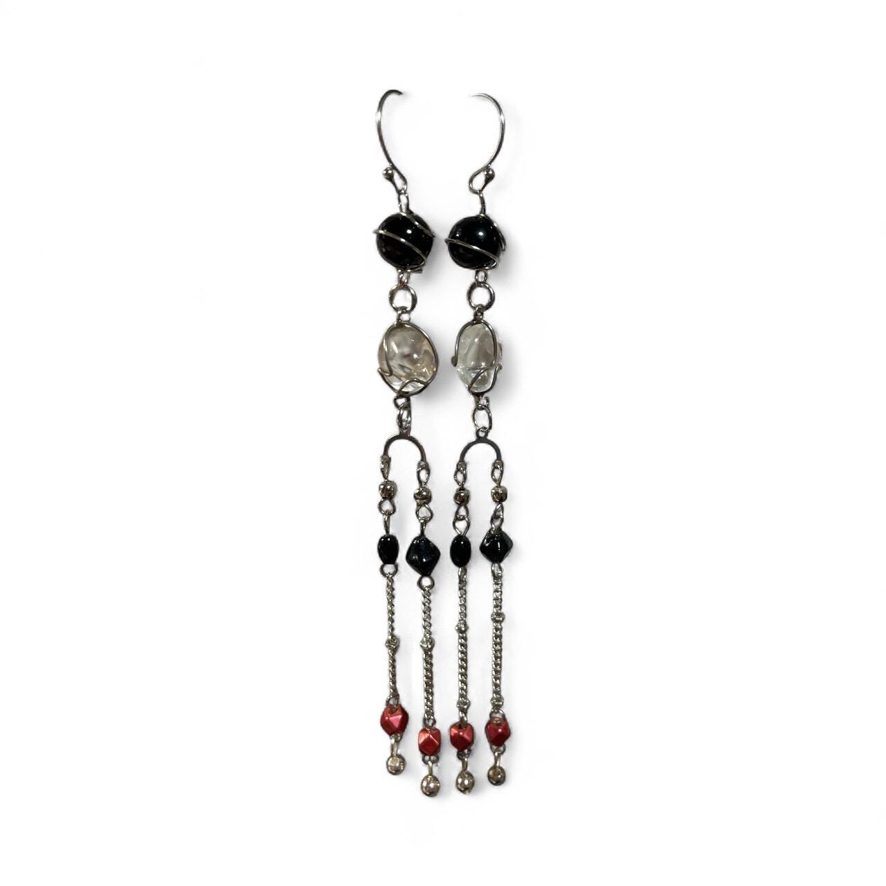 Handmade 5" Long Beaded Dangle Earrings – Black, Clear & Red Beads on Silver Tone Chains – Long Boho Statement Earrings