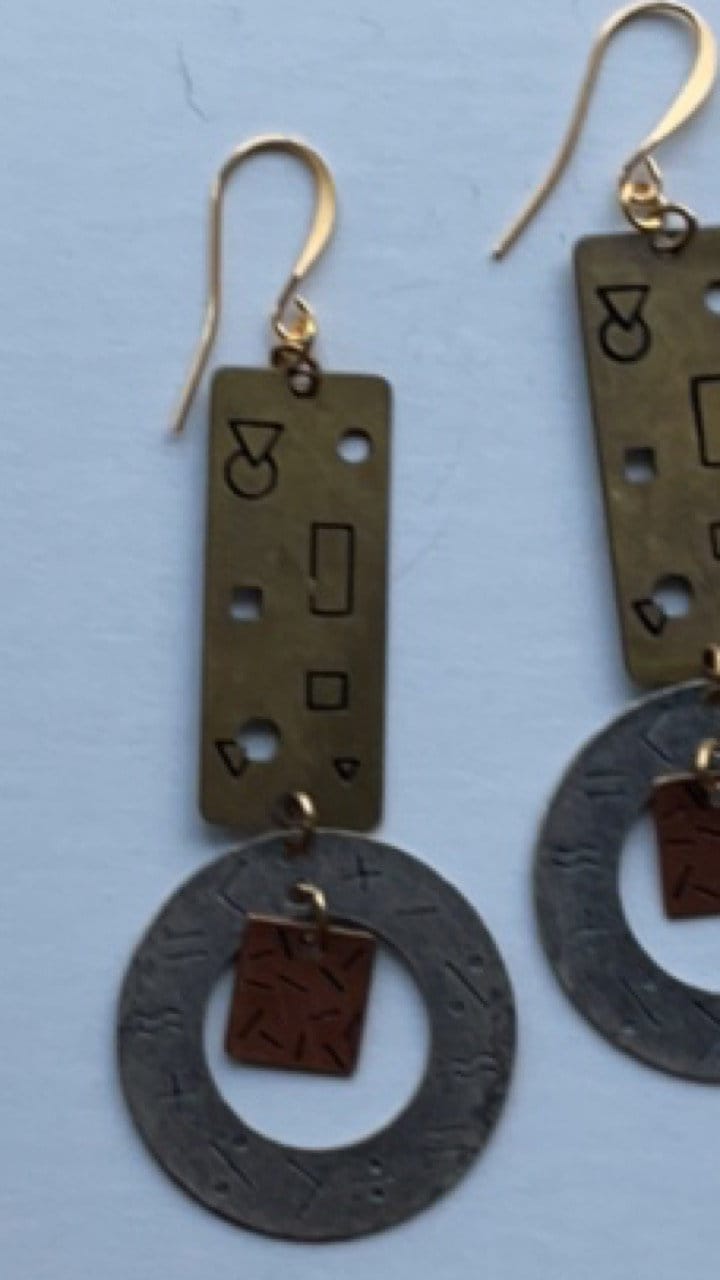 Stunning mixed metal geometric designed dangle earrings - signed NP