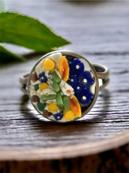 Handmade micro mosaic adjustable ring - Italian inspired - hand cut glass with millefiori flowers