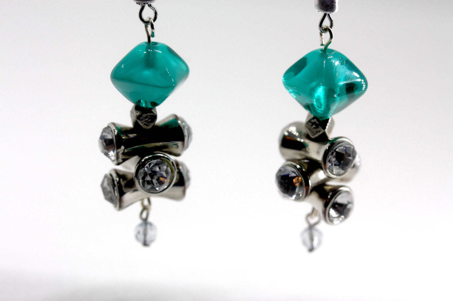 Handmade dangle earrings - sterling silver ear wires, turquoise glass, rhinestone vintage beads, crystal drops, hammered silvertone bars