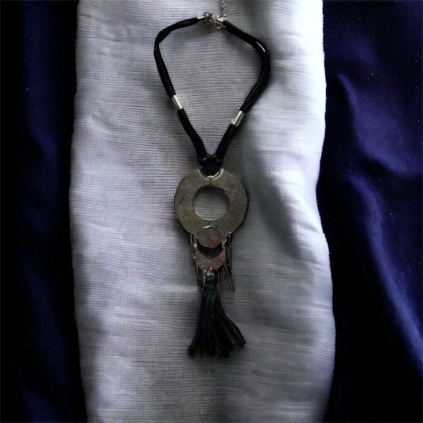 Unique vintage necklace with black suede and silvertone metal