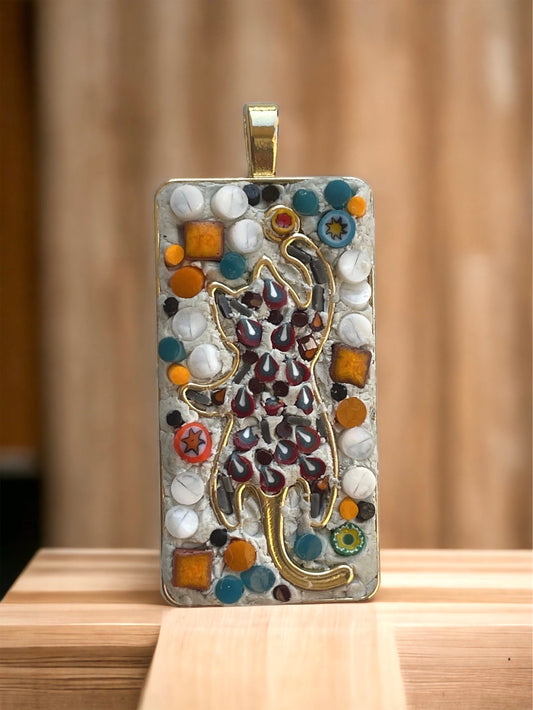 Handmade mixed material micro mosaic cat necklace - made from hand cut millefiori glass and tiles