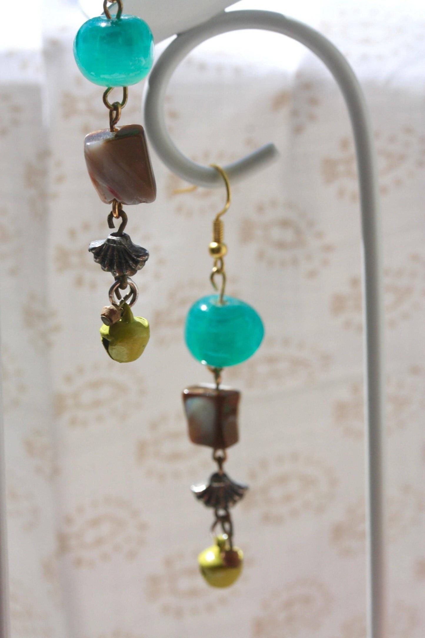 Handmade Vintage Turquoise Glass Earrings - Abalone Shell Dangle Earrings - Mustard Yellow Bell Beads - Boho Statement Earrings