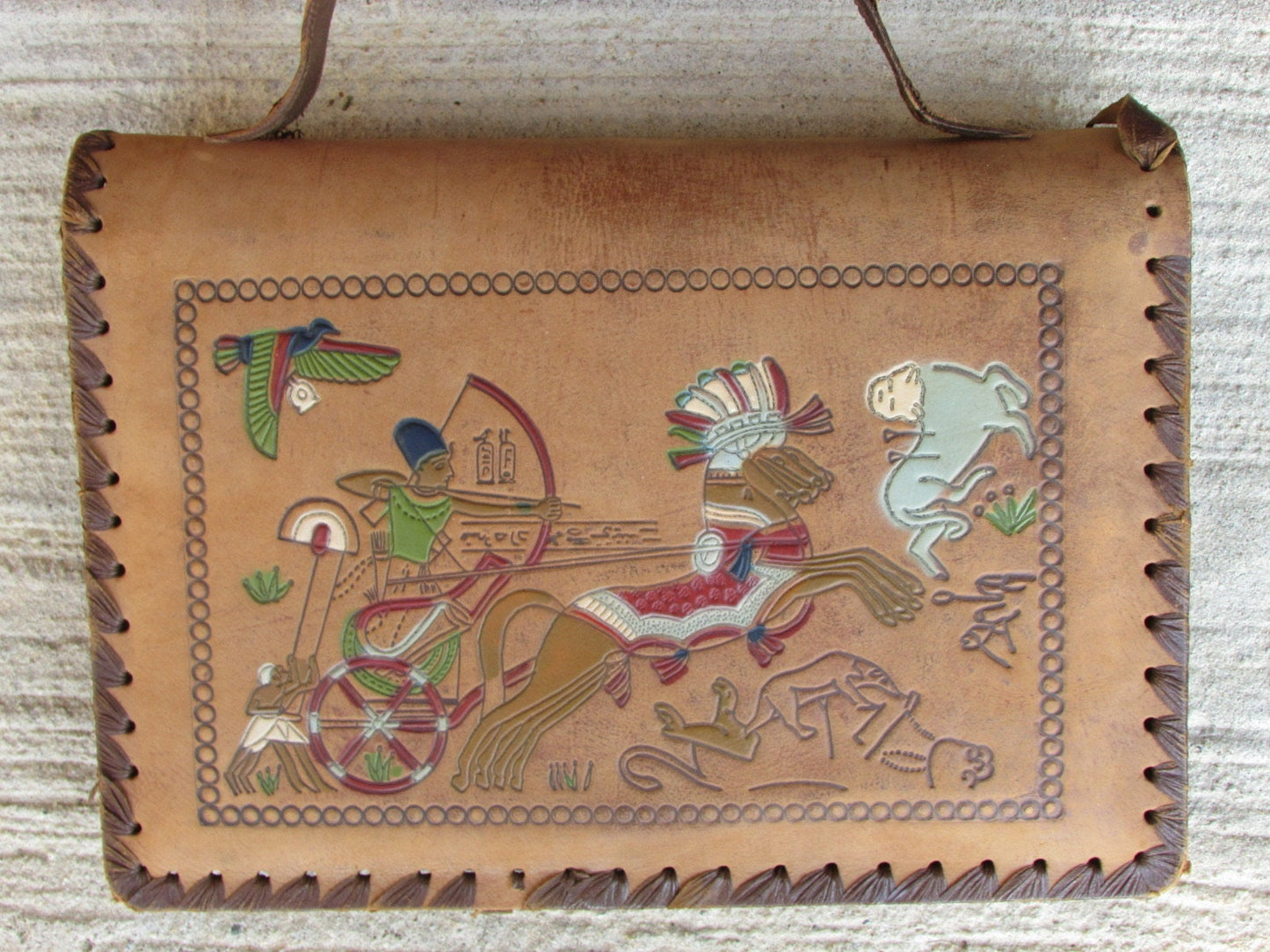 Vintage Leather Bag - Handmade Egyptian Messenger With Hieroglyphics Art
