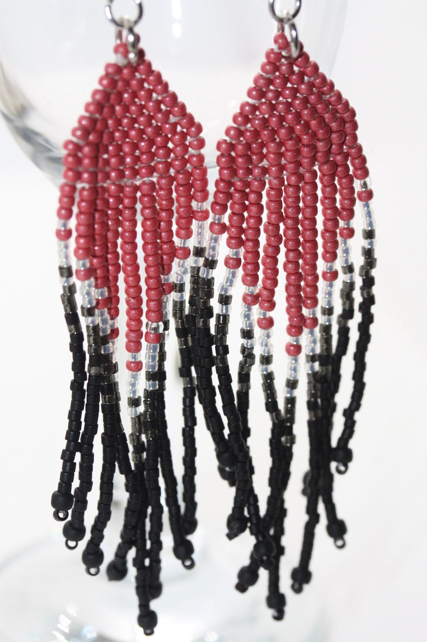 Hand beaded Native-American-Style stunning dangle beadwork earrings - pink, silver and black