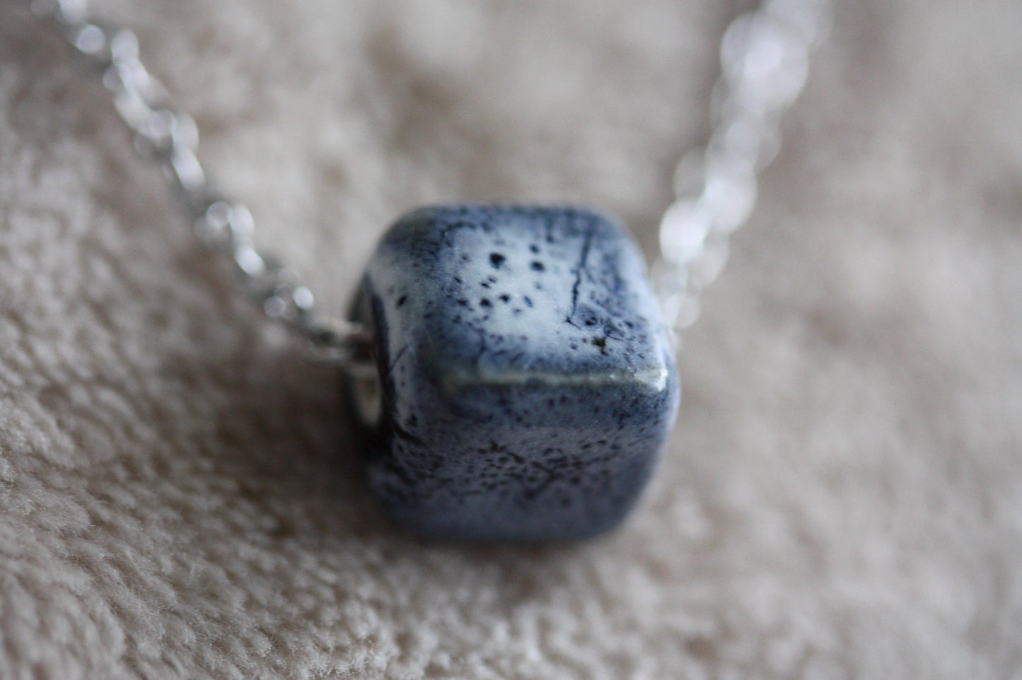 Speckled blue clay pottery cube minimalist necklace on silver tone chain