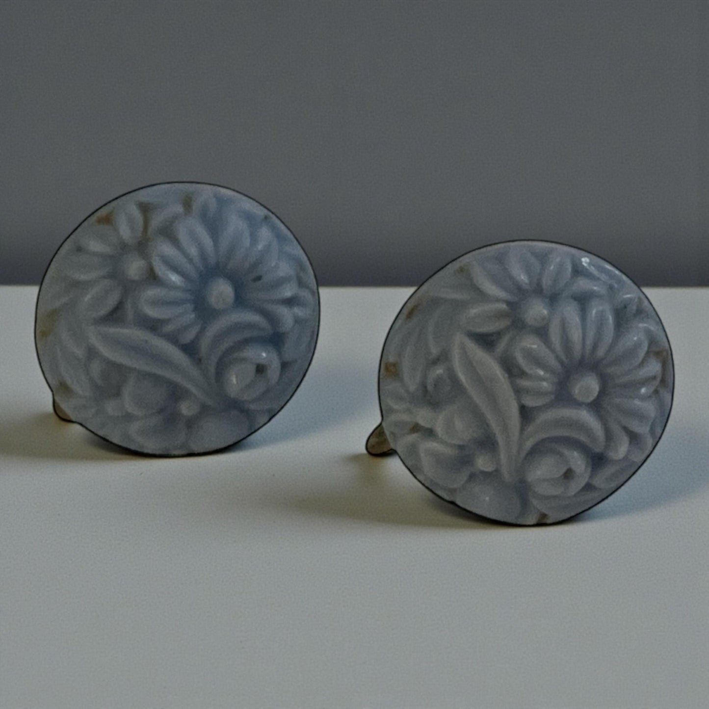 Vintage Blue Floral Screwback Earrings | Carved Lucite Clip On Earrings | Retro Flower Costume Jewelry